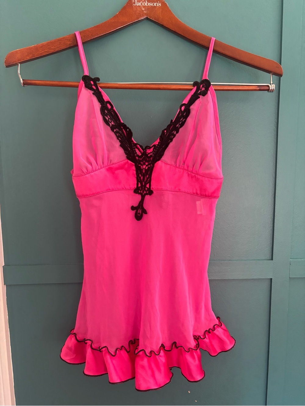 Shirley of Hollywood Hot Pink Chemise with Black Lace Trim Size Medium